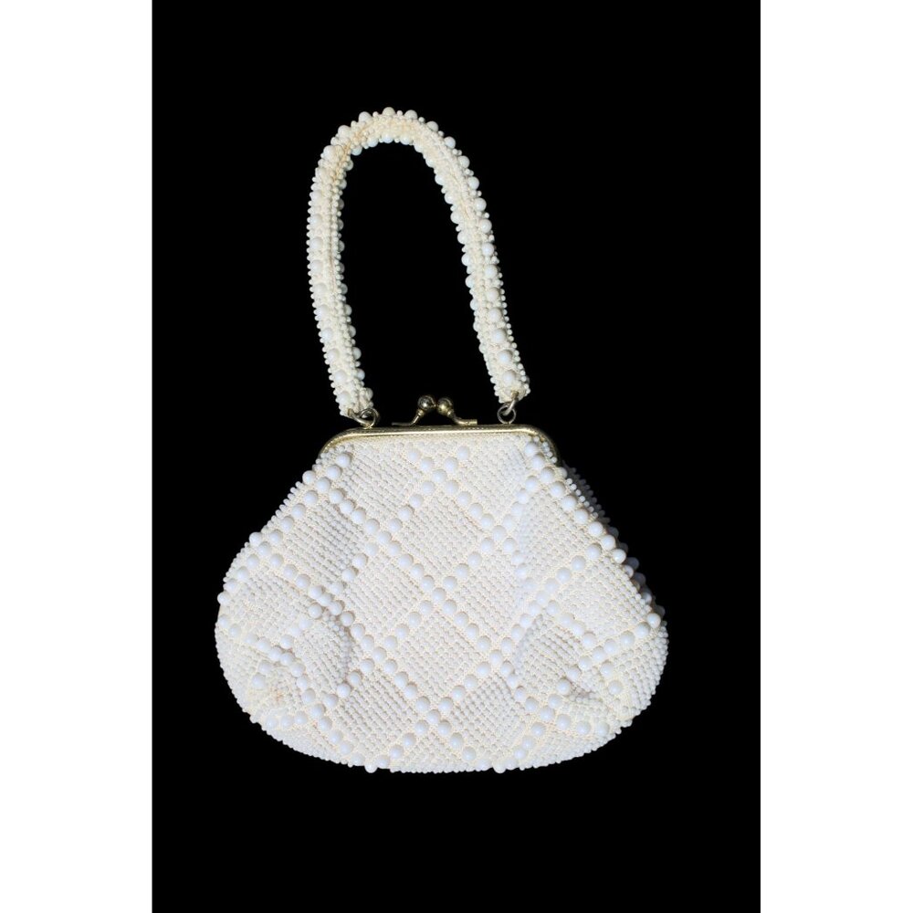 Vintage White Beaded Purse With Handle & Gold Clasp